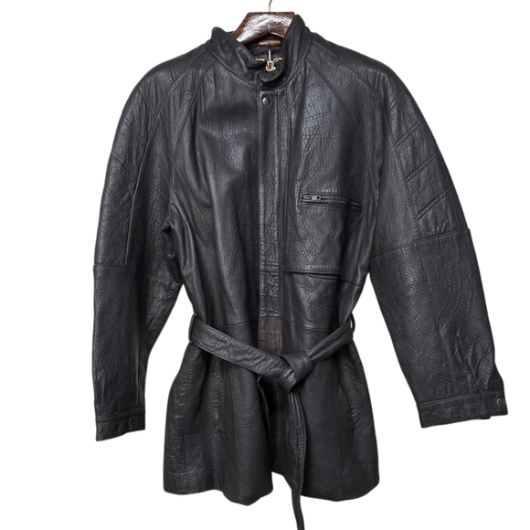 Clout Men's Gray Faux Pebble Leather Belted Jacket Vintage 1980_1990s Size 42